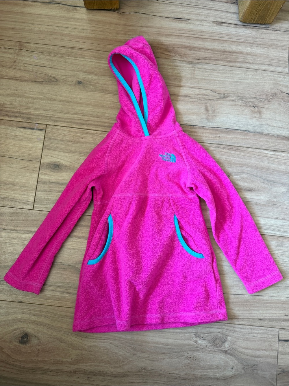 The North Face Girls' Hot Pink Hooded Swim Cover-Up with Teal Trim